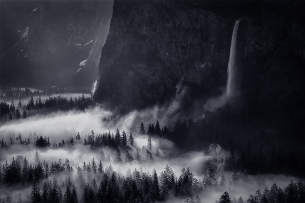 Misty Forest Waterfall by Michael Zheng — canvas wall art