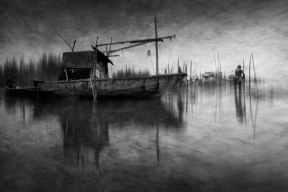 Misty River Boat by Ekkachai Khemkum — canvas wall art