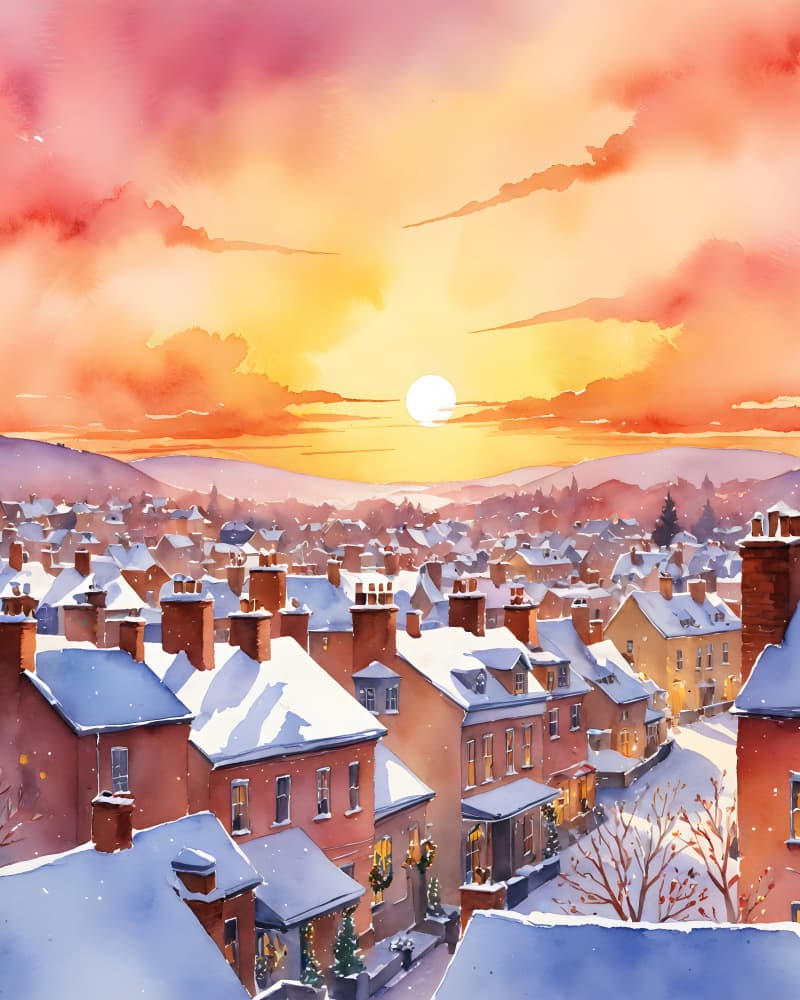 Cozy Winter Sunset Village by Kintsugi99 — canvas wall art