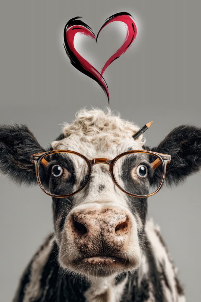 Whimsical cow wearing glasses and a pencil behind its ear with a red heart above its head by Rafal Kulik — canvas wall art