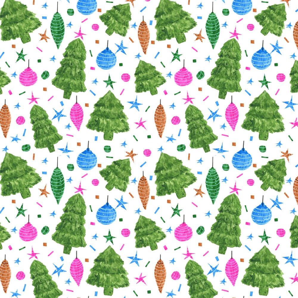 Pink Blue Green Christmas Trees and Bulbs by Michele Channell — canvas wall art