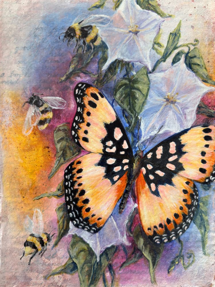 Vibrant Butterfly and Bees by Renee Machan Cottagecore Artist — canvas wall art