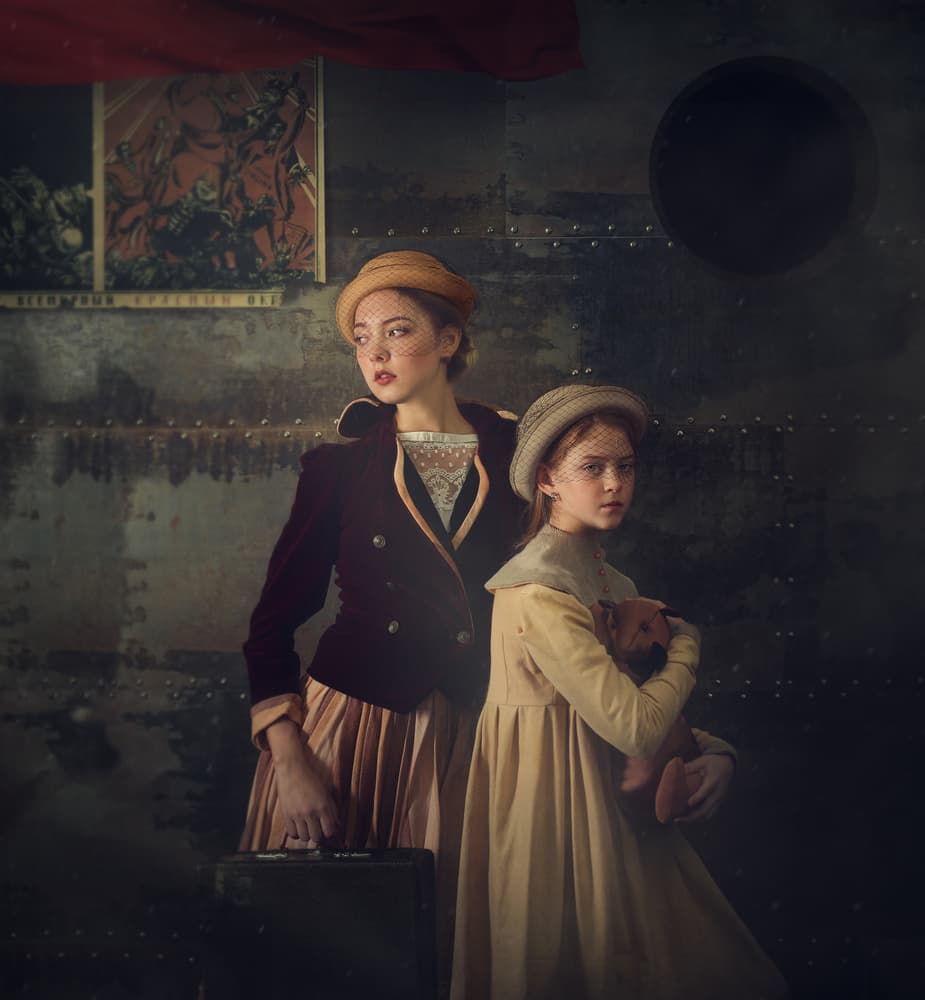Vintage Sisters Waiting by Svetlana Melik-Nubarova — canvas wall art
