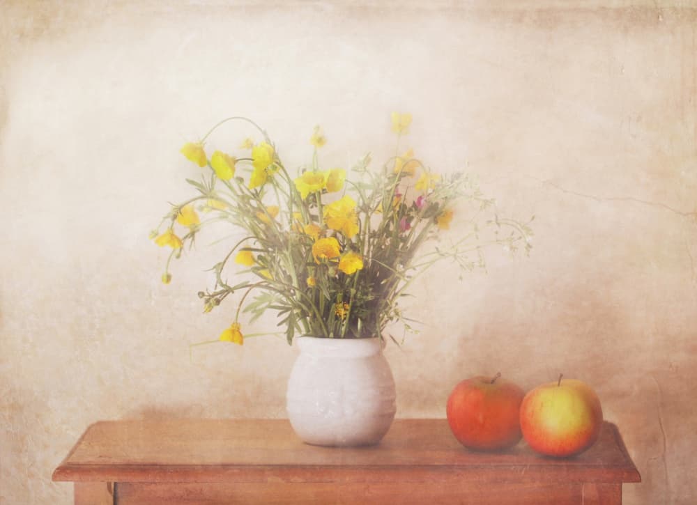 Yellow Blooms Still Life by Delphine Devos — canvas wall art