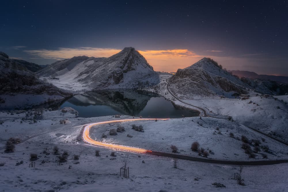 Snowy Peaks Night Road by Cesar Alvarez Osorio — canvas wall art
