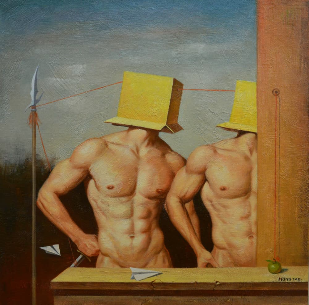 Enigmatic Figures Yellow Boxes by Hongtao Huang — canvas wall art