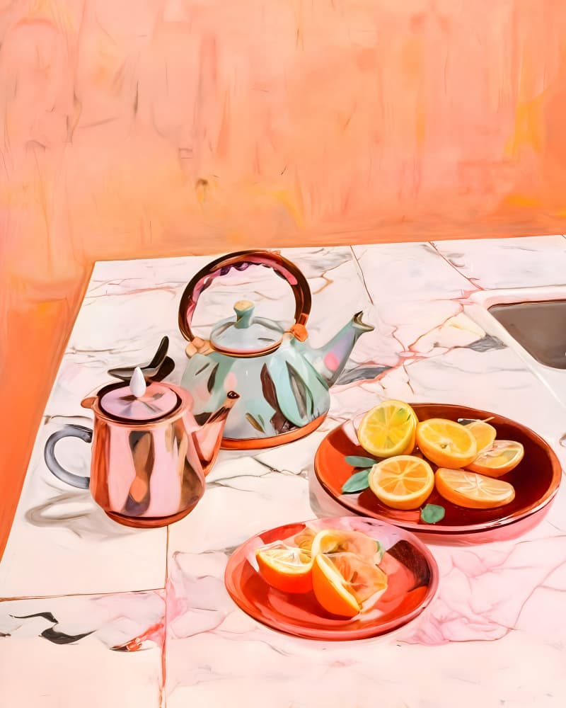 Vibrant Teapots And Lemons by Uma Gokhale — canvas wall art