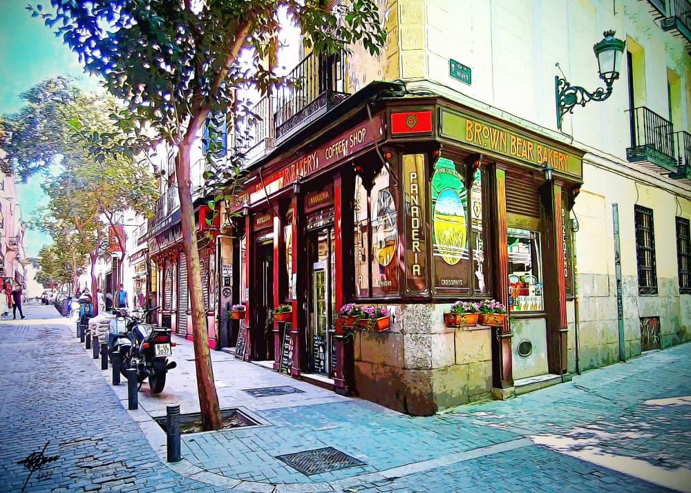 Charming Madrid Corner Cafe by Osvaldo Russo — canvas wall art