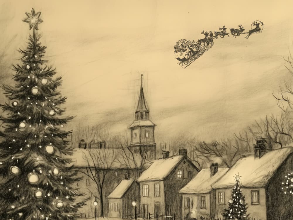 Santa Over Snowy Village by Jolly and Dash — canvas wall art