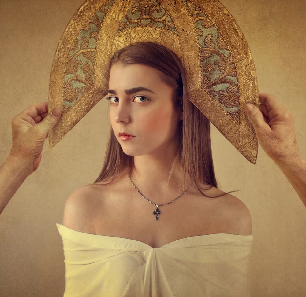 Ethereal Golden Headdress Portrait by Svetlana Melik-Nubarova — canvas wall art