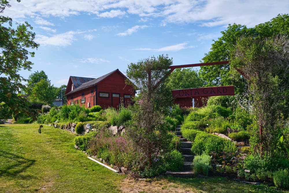 Red Barn Garden Steps by Geertjan Plooijer — canvas wall art