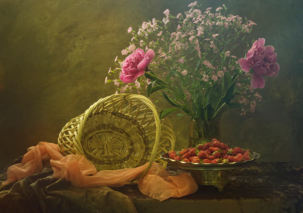 Pink Peonies and Strawberries by UstinaGreen — canvas wall art