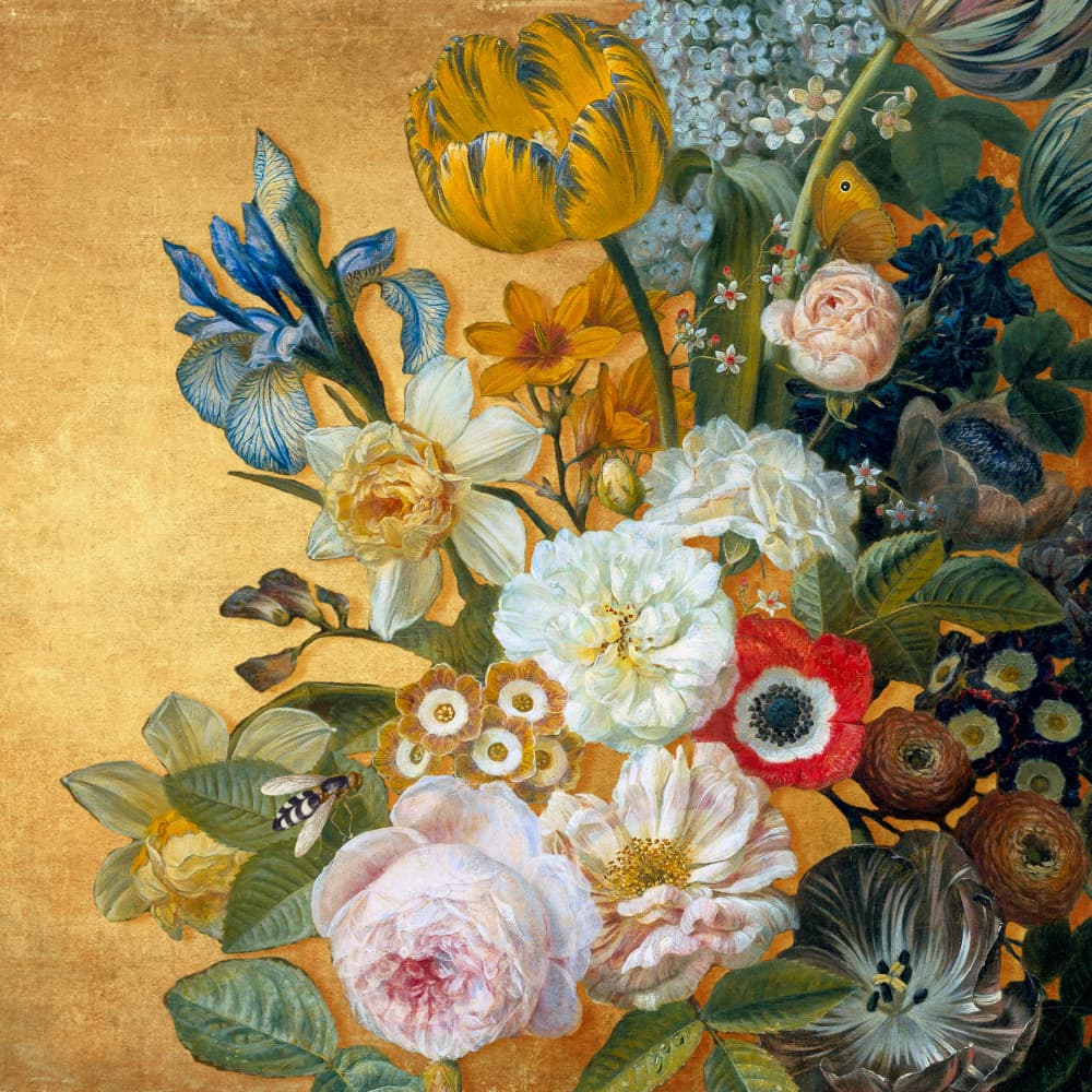 Golden Floral Still Life by Marja van den Hurk — canvas wall art
