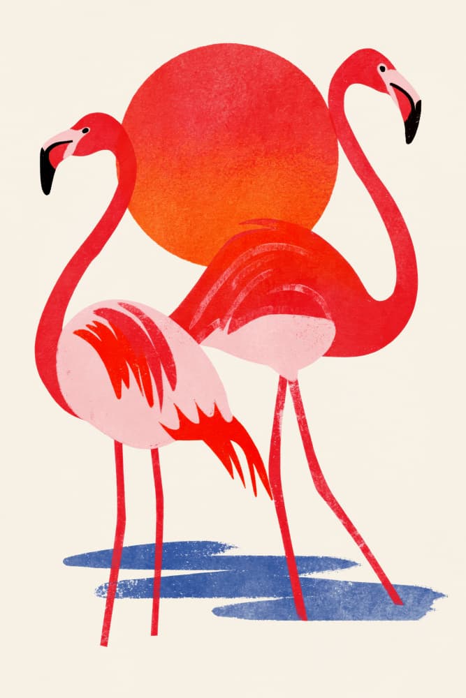 Tropical Flamingos Sunset by Treechild — canvas wall art