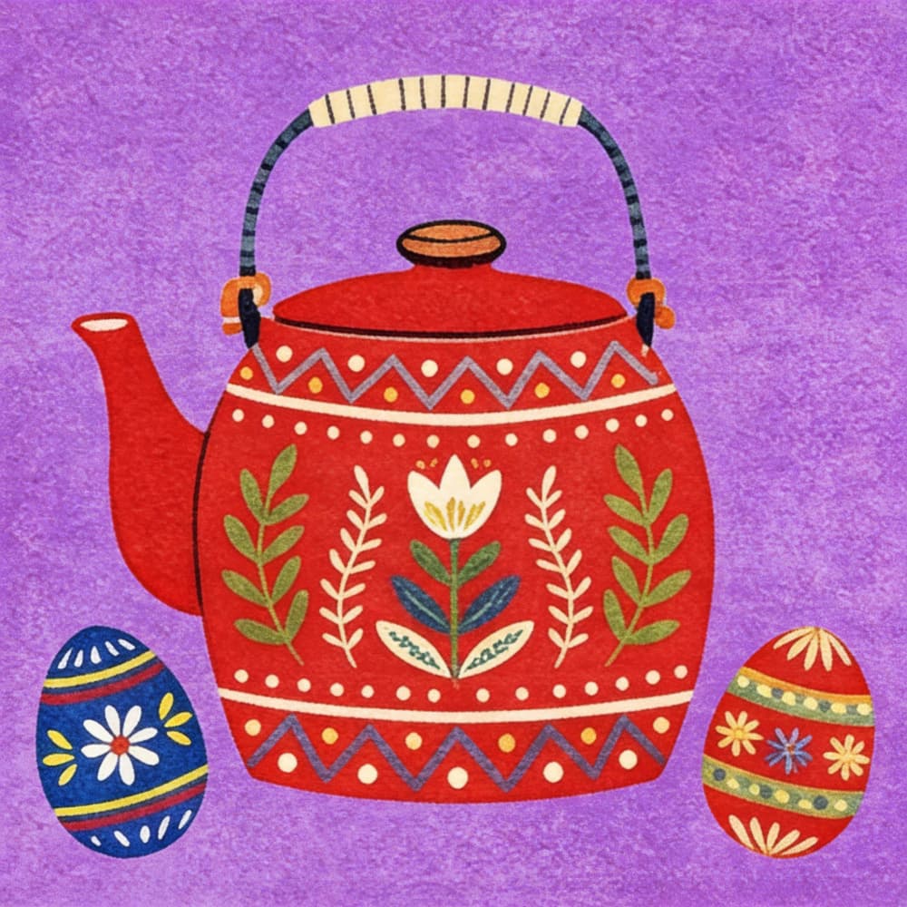 Folk Art Teapot and Eggs by Emel Tunaboylu — canvas wall art