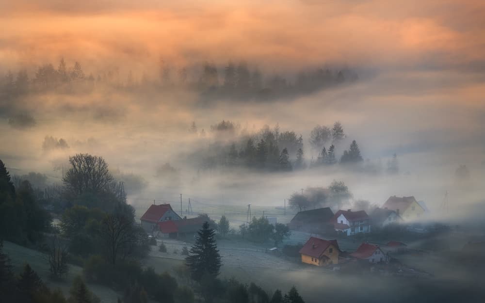 Misty Morning Village by Tomasz Rojek — canvas wall art