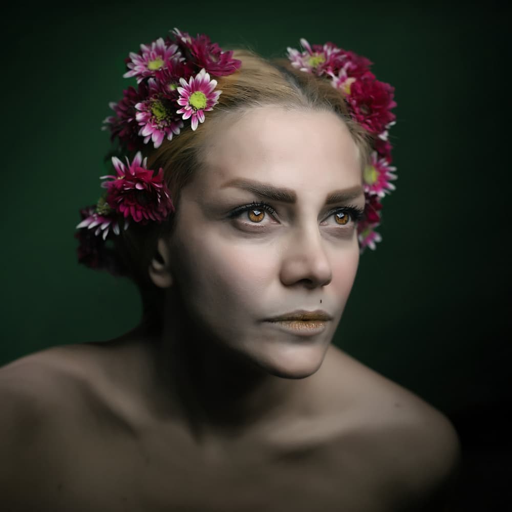 Pensive Woman Floral Crown by Moein Hasheminasab — canvas wall art