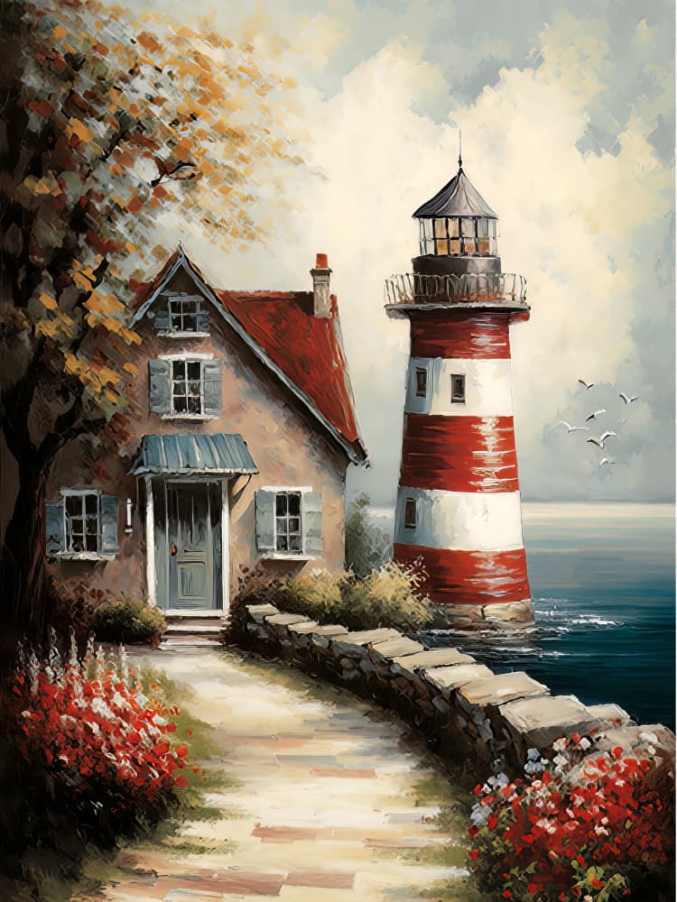 Coastal Lighthouse Home by Bilge Paksoylu — canvas wall art