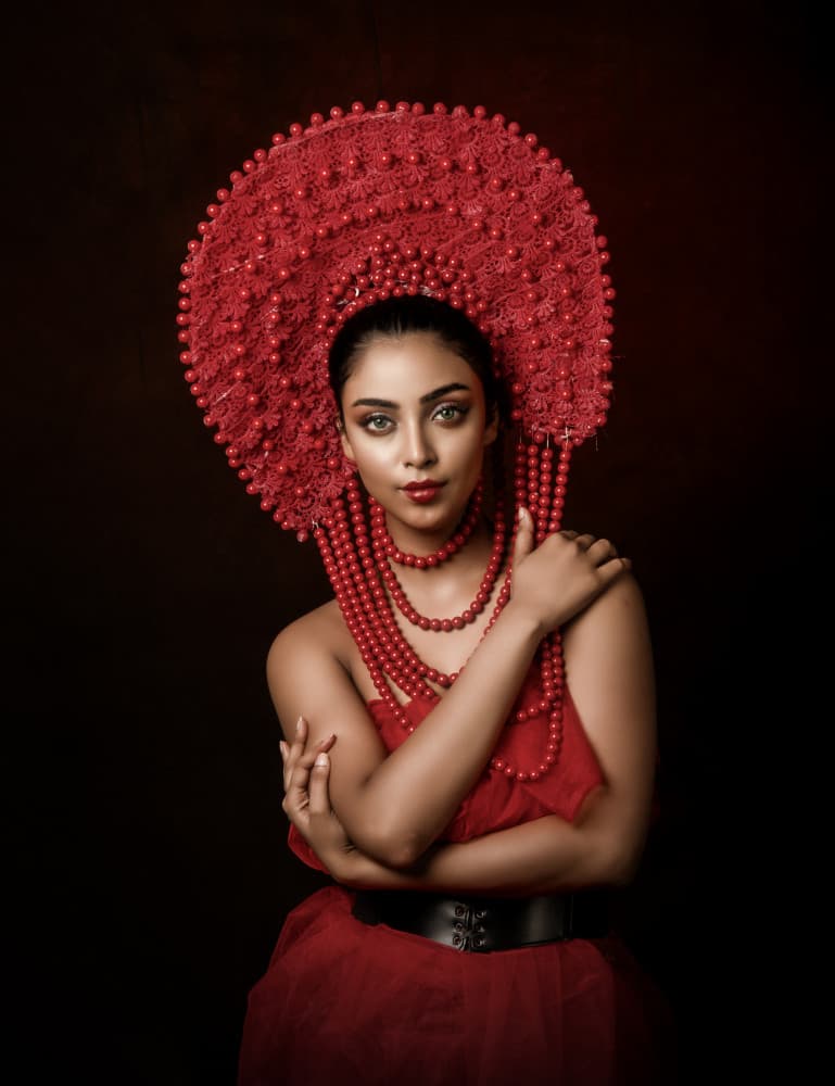 Elegant Red Headdress Portrait by PARTHA BHATTACHARYYA — canvas wall art