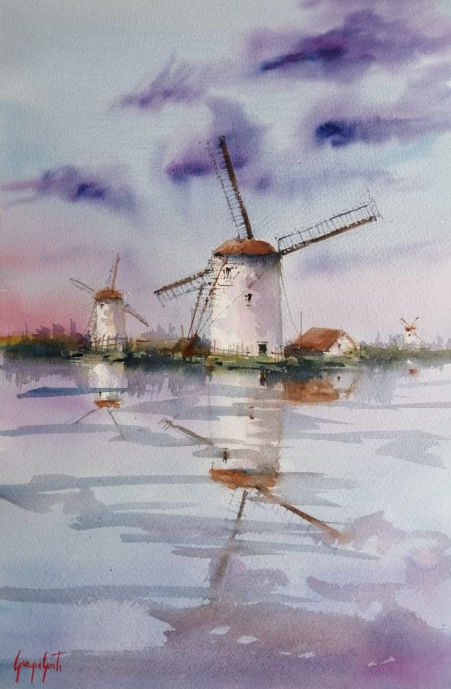 Twilight Windmill Reflections by Giorgio Gosti — canvas wall art