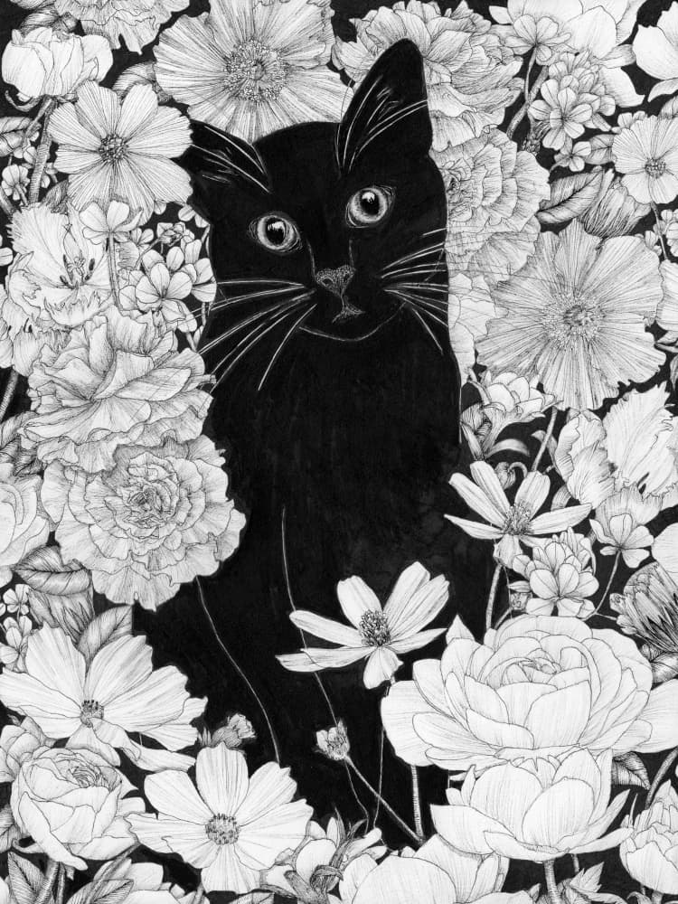 Black Cat Among Flowers by EC Mazur — canvas wall art