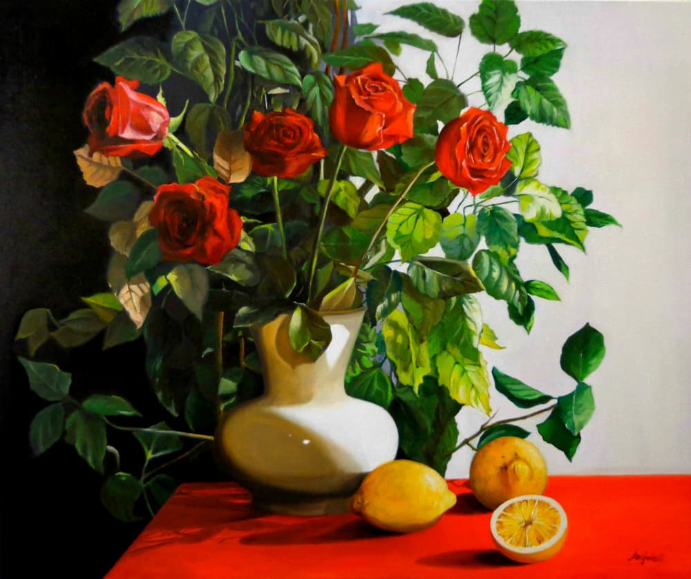 Vibrant Roses and Lemons by Anna Rita Angiolelli — canvas wall art