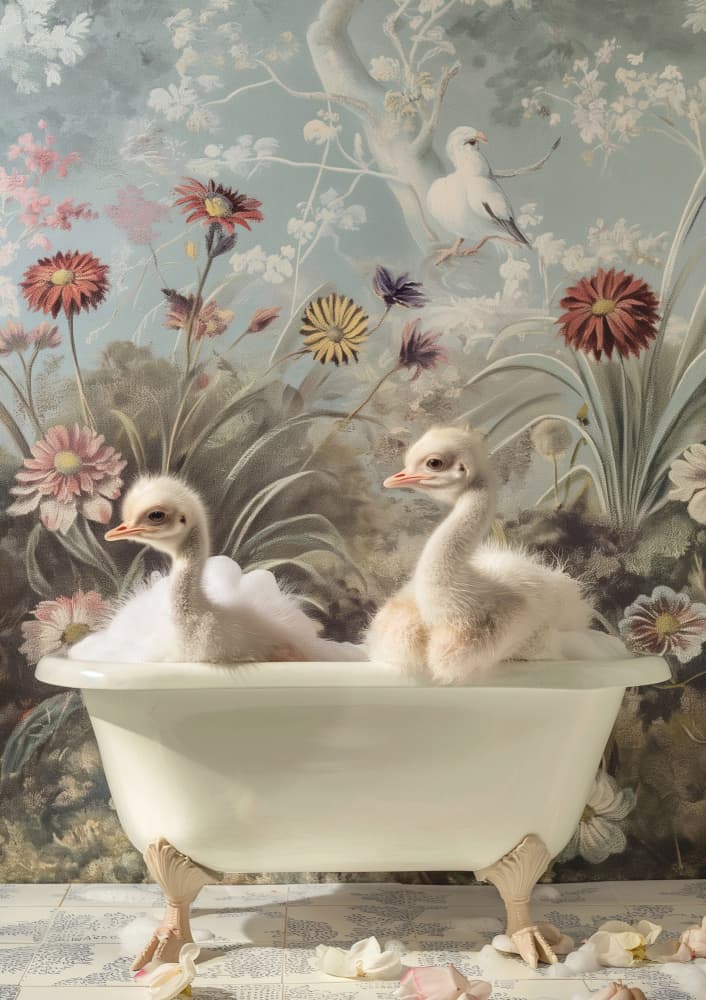 Fluffy Ostrich Bathtime by Niky Rahner — canvas wall art