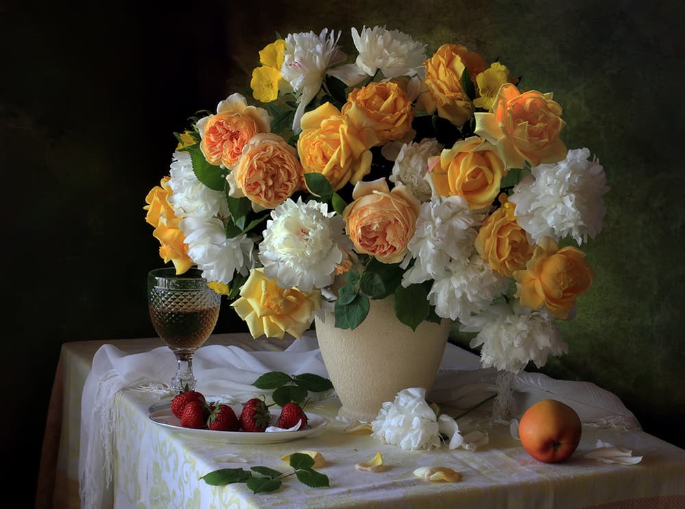 Golden Roses and Peonies by Tatyana Skorokhod — canvas wall art