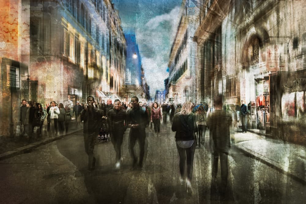 Moody City Night Walkers by Nicodemo Quaglia — canvas wall art