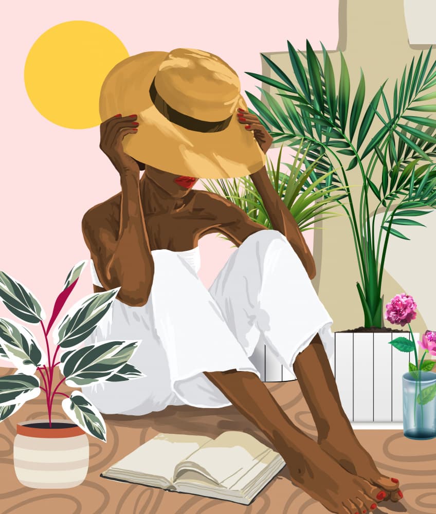 Peaceful Sun Hat Reader by Uma Gokhale — canvas wall art