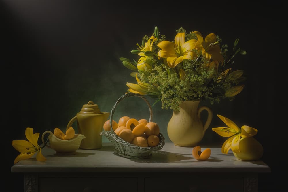 Golden Lilies and Apricots by Lydia Jacobs — canvas wall art