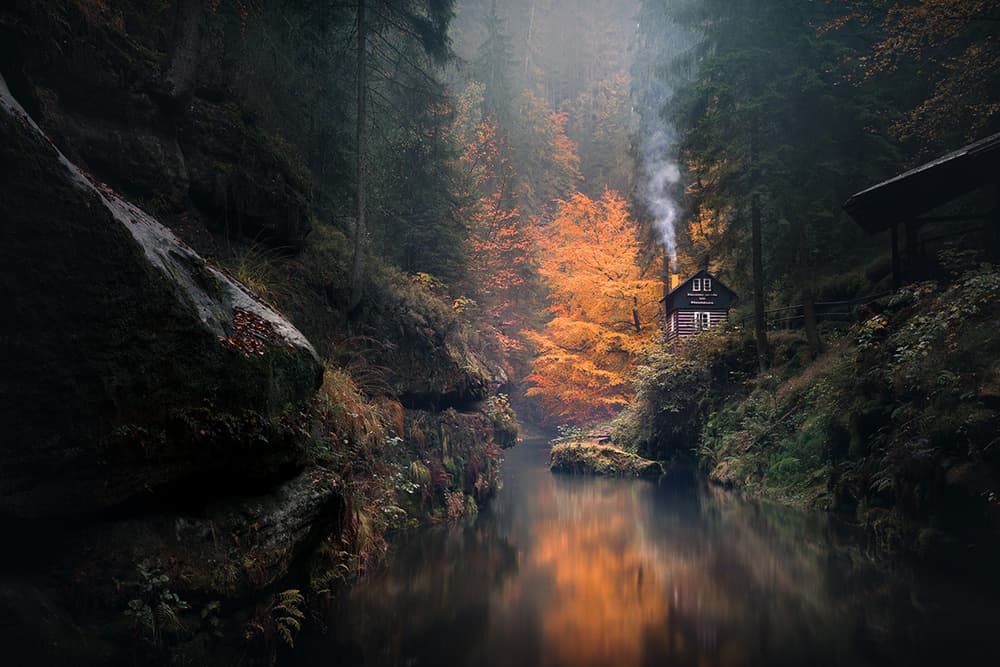 Misty Autumn Cabin by Karol Nienartowicz — canvas wall art