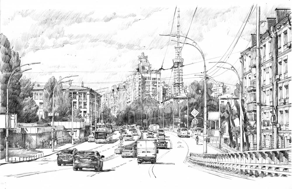 Busy Urban Street Sketch by Andrii Kutsachenko — canvas wall art