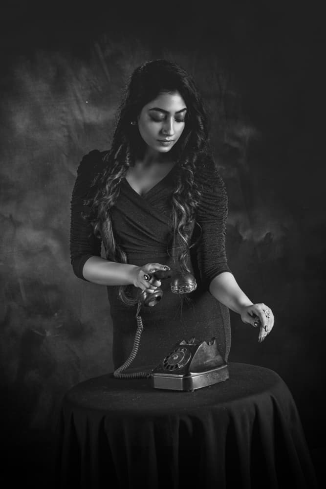 Woman and Vintage Telephone by PARTHA BHATTACHARYYA — canvas wall art