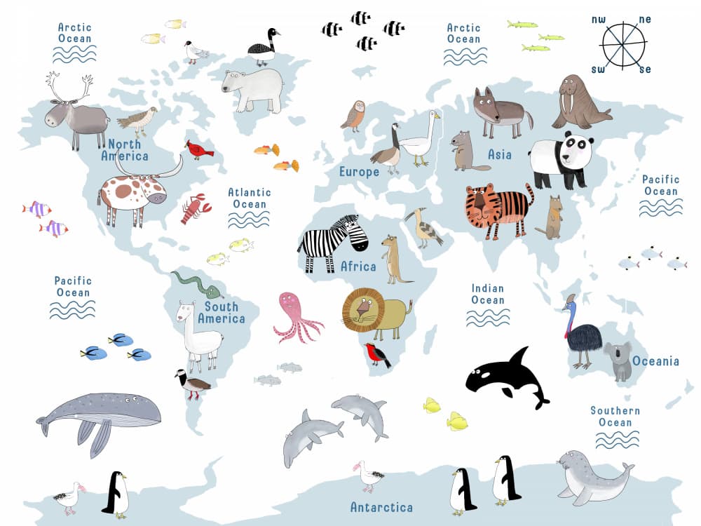 Playful World Map Animals by Carla Daly — canvas wall art