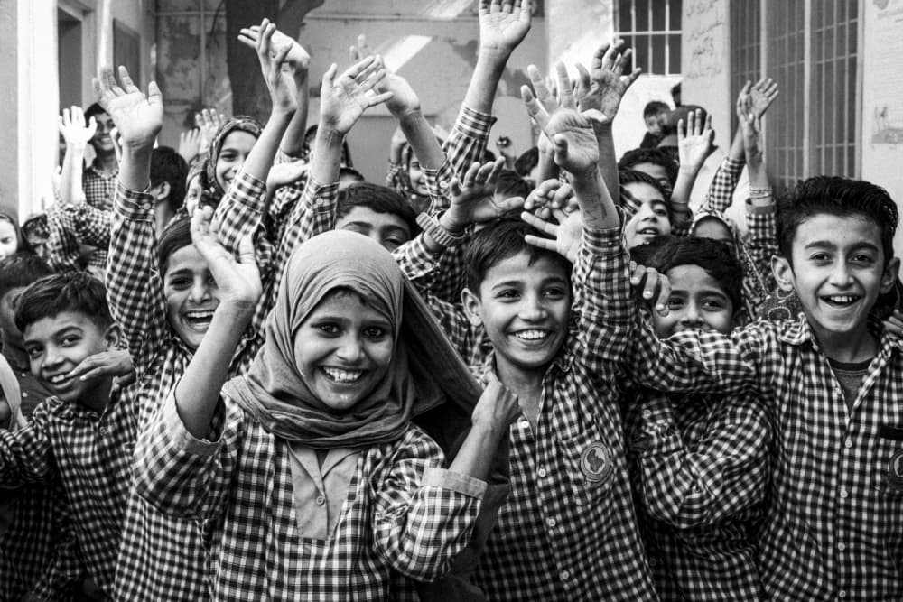 Farewell at the school gate, Hyderabad by Elena Molina — canvas wall art