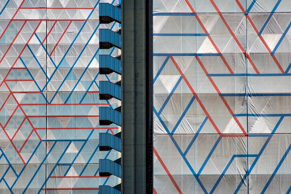 Red Blue Geometric Facade by Linda Wride — canvas wall art