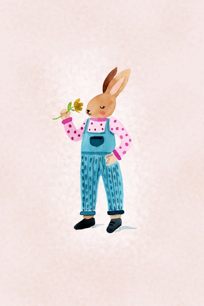 Whimsical Bunny Smelling Flower by Abigail Morales — canvas wall art