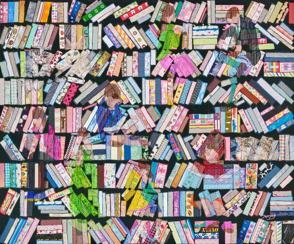 Readers in Patterned Bookshelves by Jukyong Park — canvas wall art