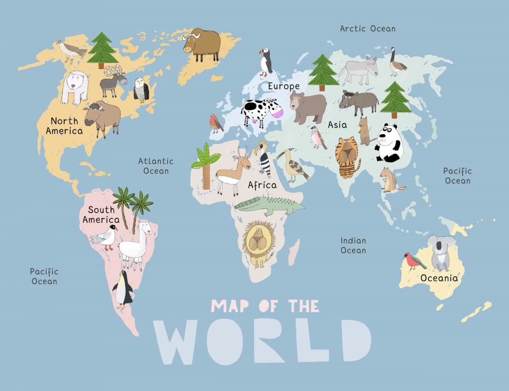 Kids World Map Animals by Carla Daly — canvas wall art