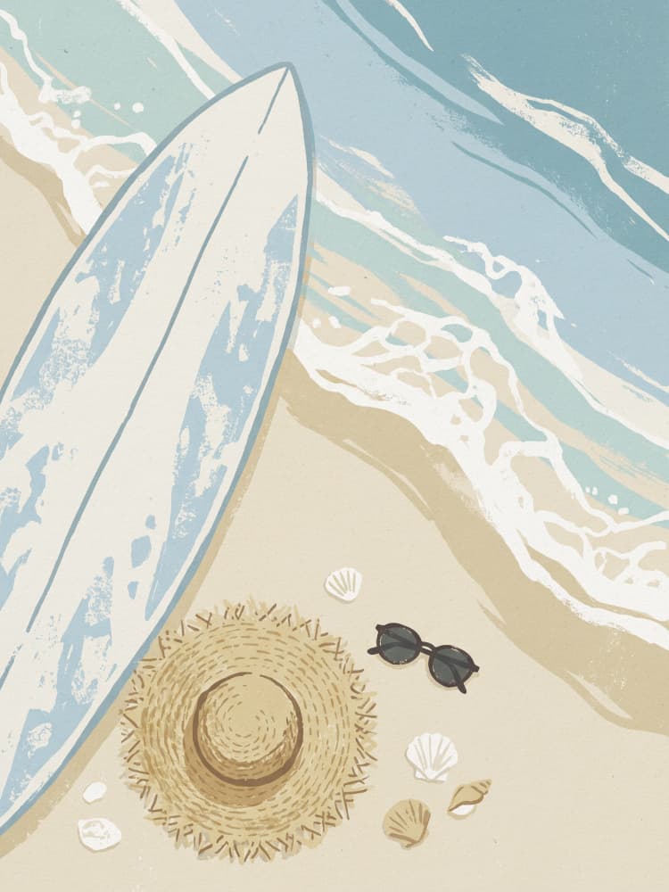 Surfboard and Summer Hat by Andreas Magnusson — canvas wall art
