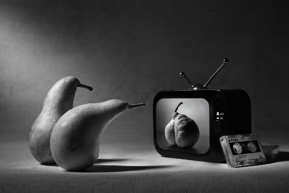 Pears Watching TV by Victoria Glinka — canvas wall art