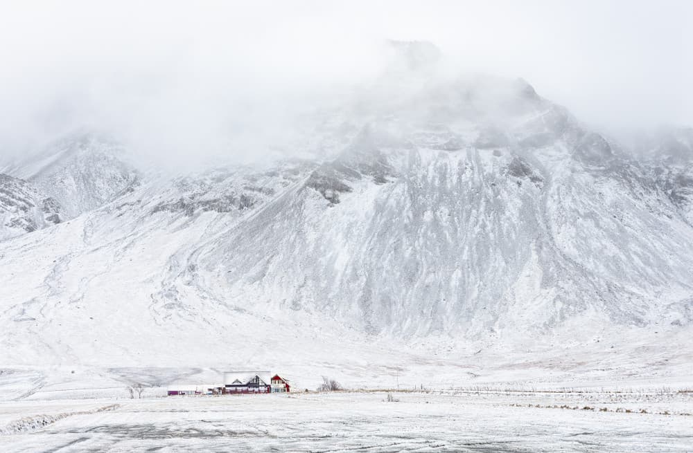 Misty Winter Mountain Home by Ruiqing P. — canvas wall art