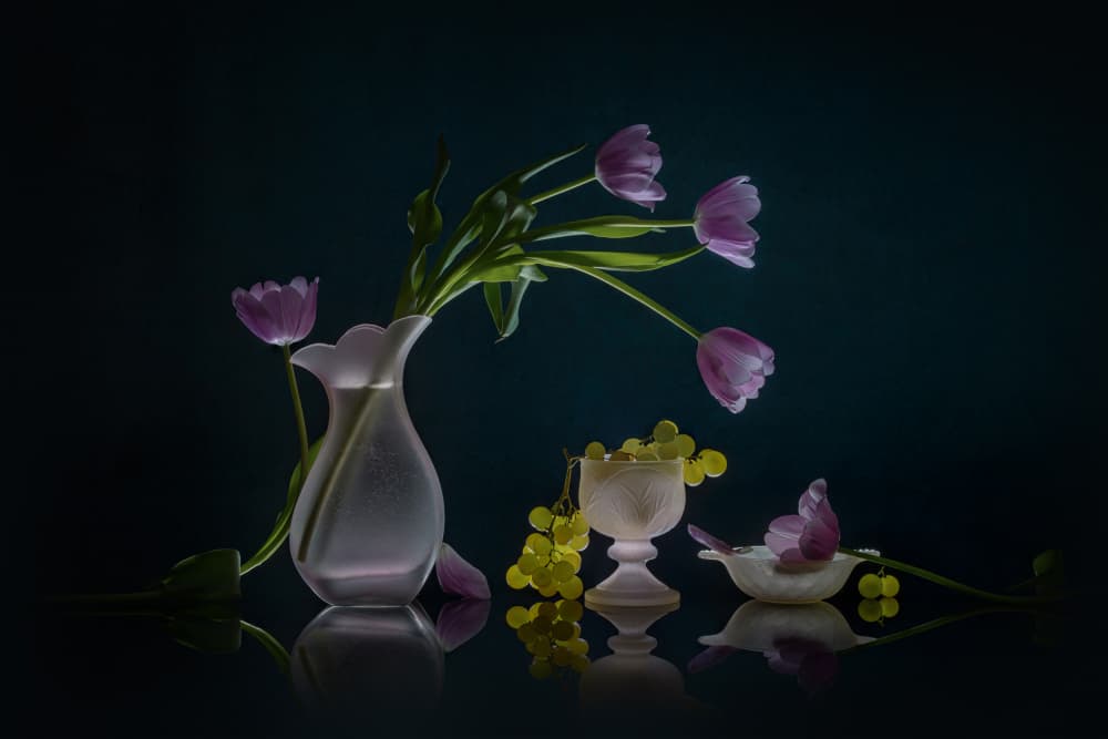 Glowing Tulips and Grapes by Lydia Jacobs — canvas wall art