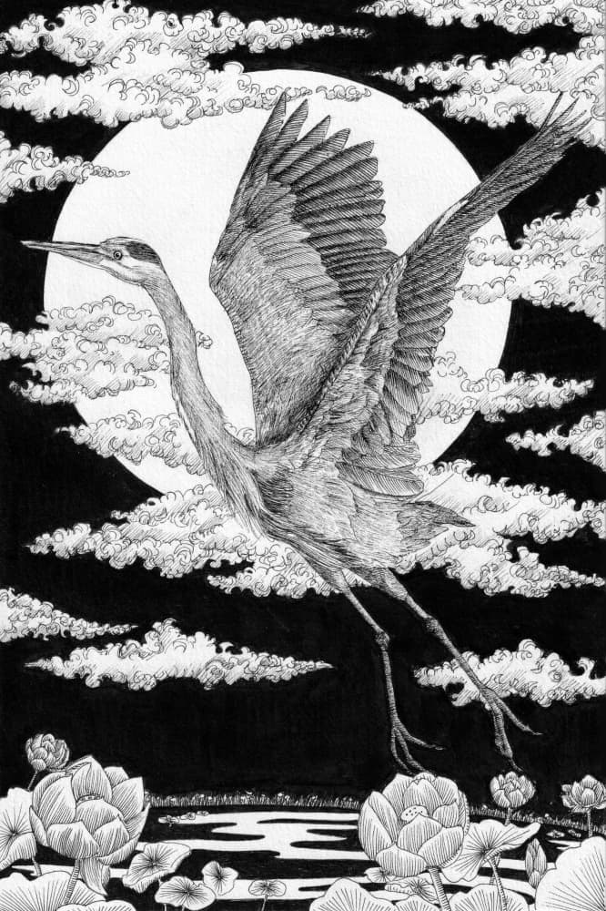 Moonlit Crane Flight by EC Mazur — canvas wall art