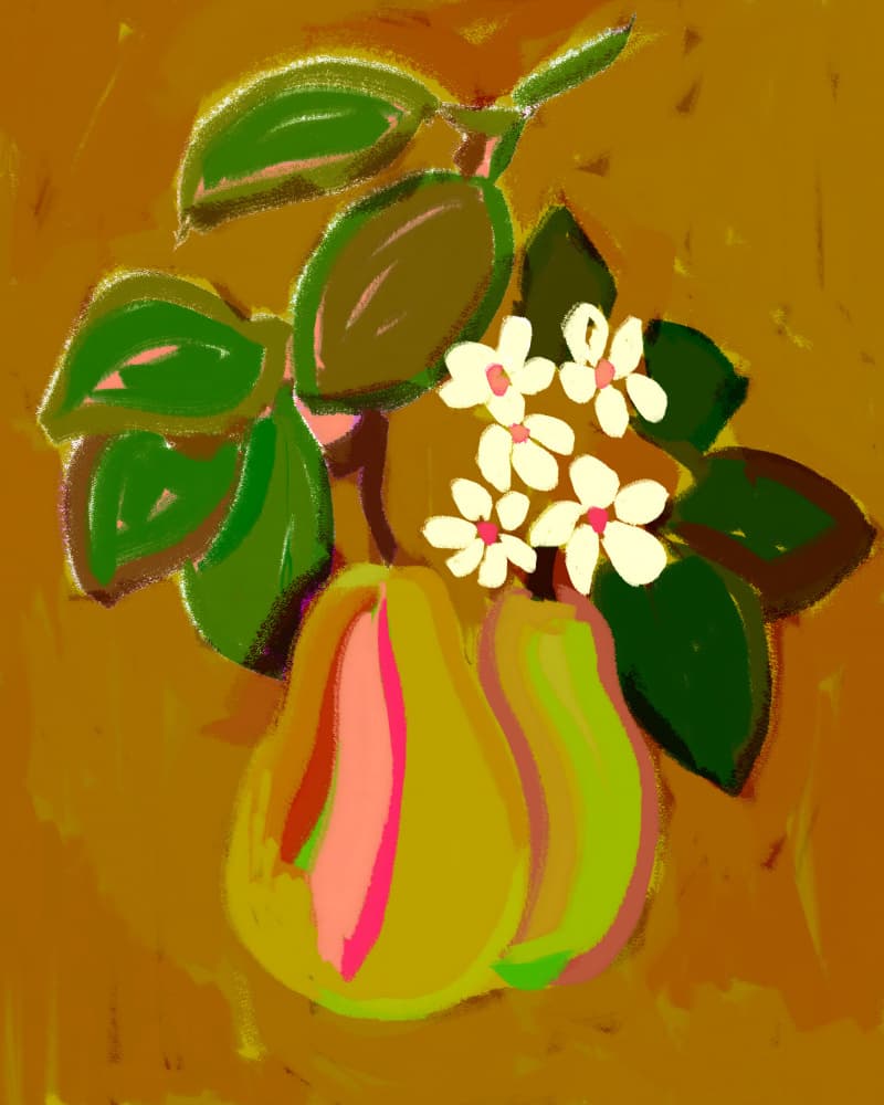 Colorful Pears and Flowers by Uma Gokhale — canvas wall art