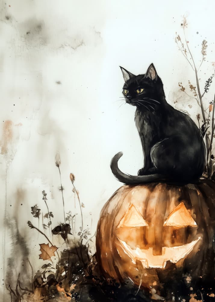 Balck Cat and Pumpkin Halloween Scene (2) by Justyna Jaszke — canvas wall art