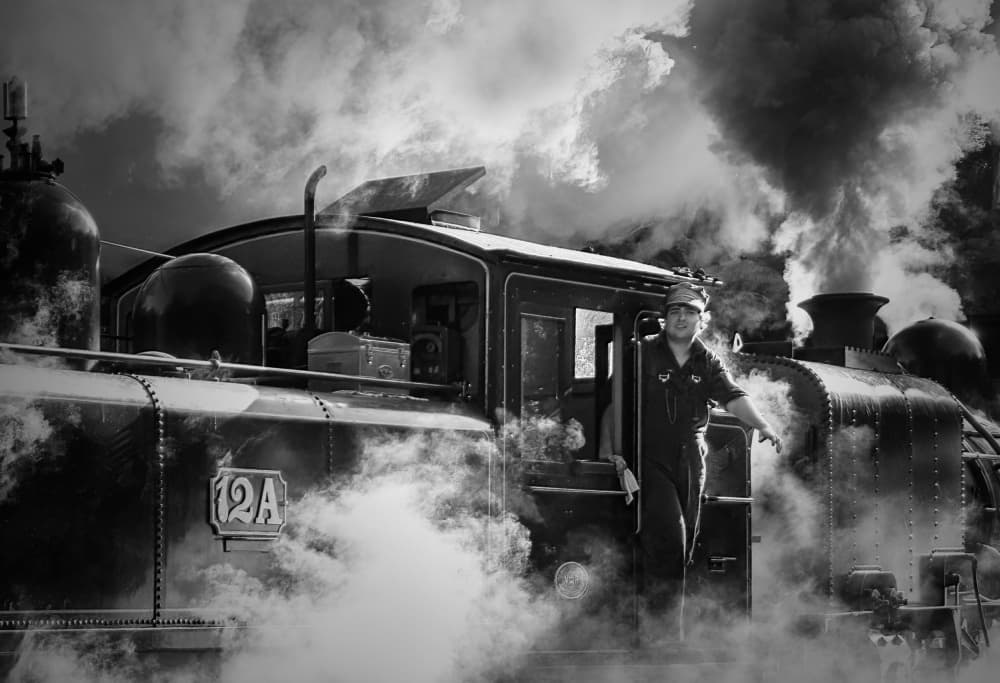Steam Train Engineer by May G — canvas wall art
