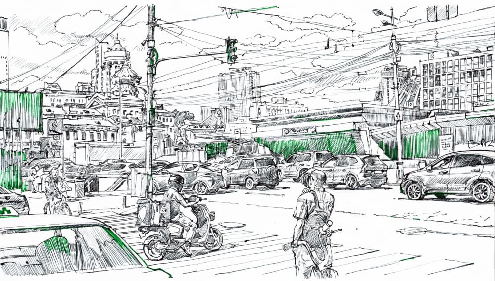 Urban Traffic Drawing by Andrii Kutsachenko — canvas wall art