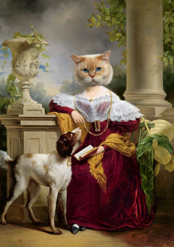 Whimsical Cat Lady Portrait by Marja van den Hurk — canvas wall art